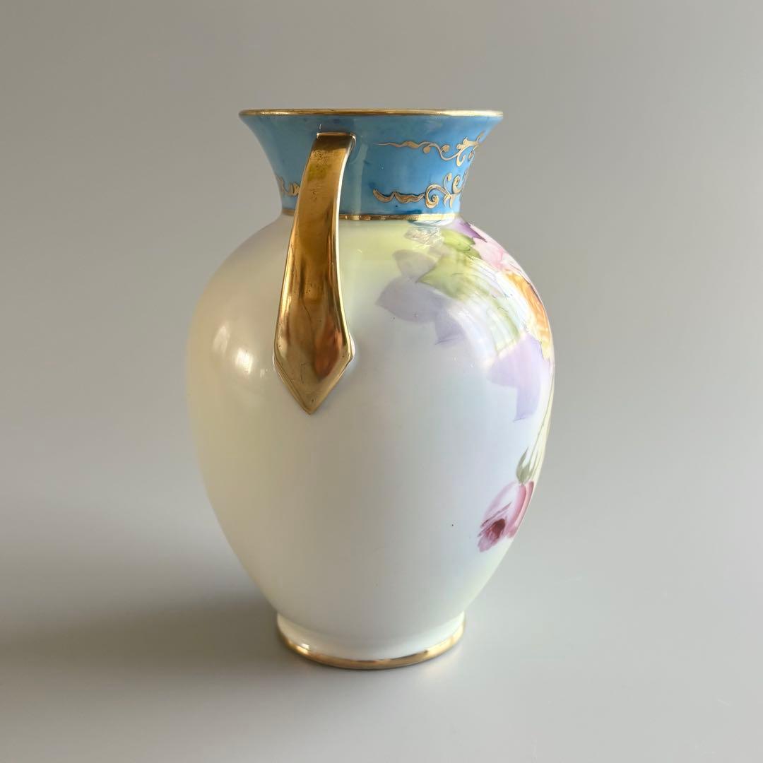 アンティーク　オールドノリタケ　総手描き　薔薇文　金彩ハンドル　花瓶　【稀少品】