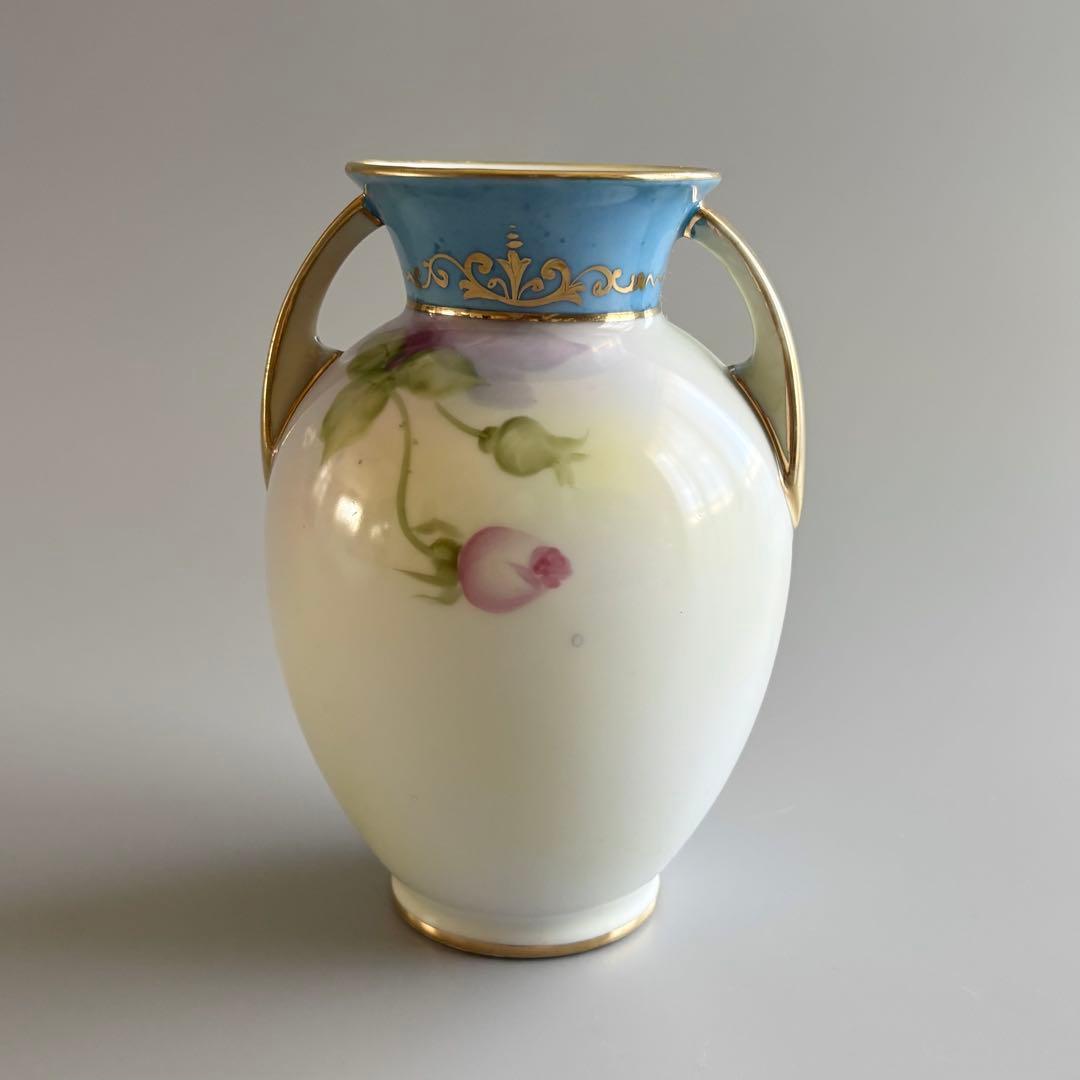 アンティーク　オールドノリタケ　総手描き　薔薇文　金彩ハンドル　花瓶　【稀少品】