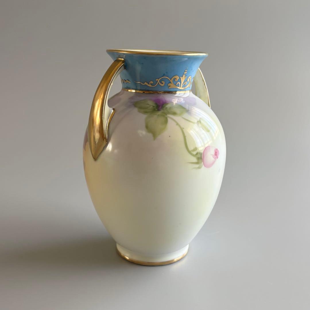 アンティーク　オールドノリタケ　総手描き　薔薇文　金彩ハンドル　花瓶　【稀少品】