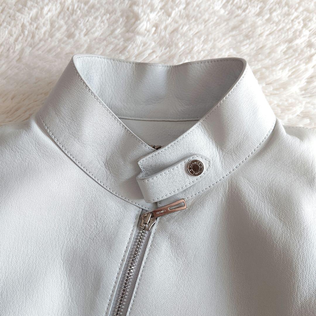 HERMES レザージャケット　ライダース　アイスブルー やぎ革 フランス製