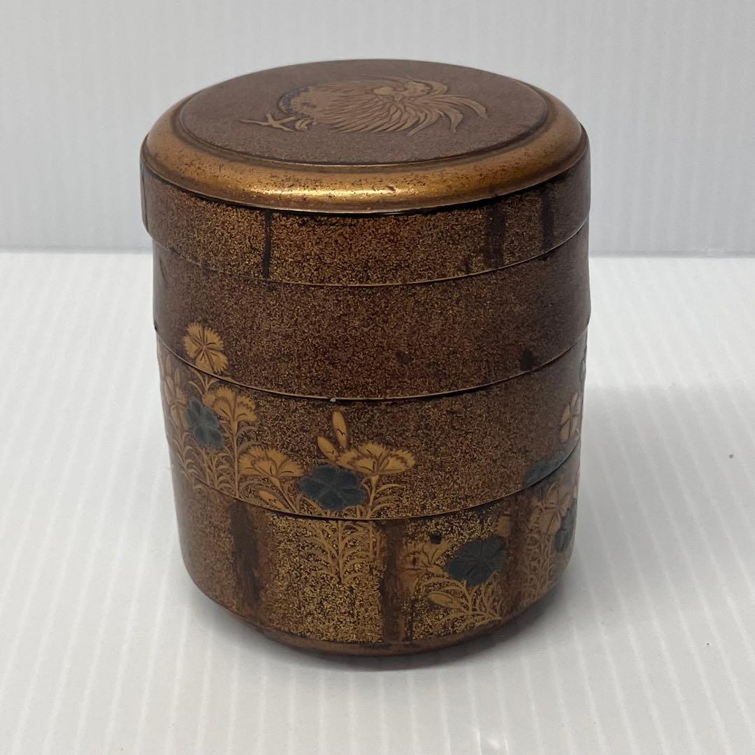 【重香合】茶道具　茶道　蒔絵　三段　漆器　金彩画　アンティーク　古美術