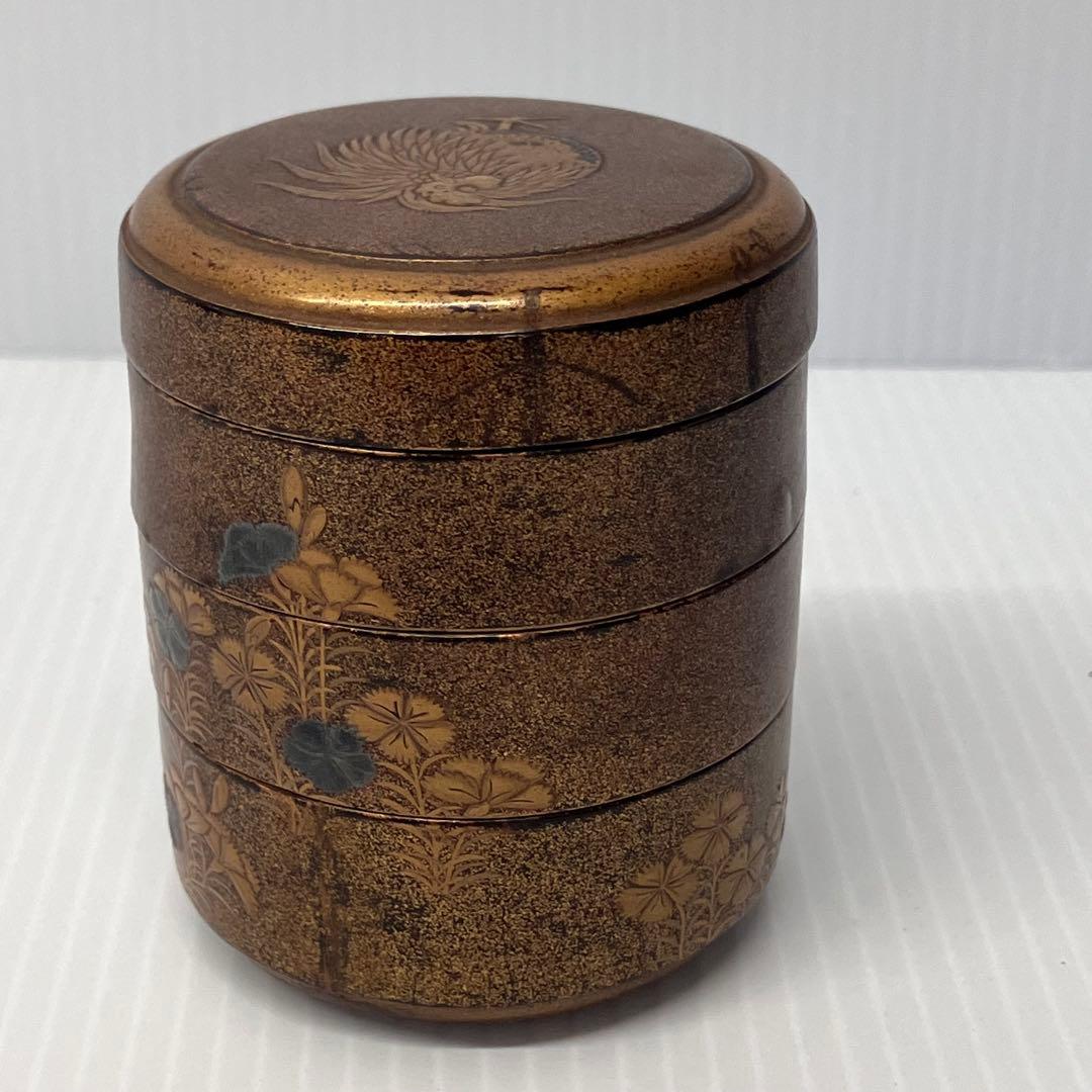 【重香合】茶道具　茶道　蒔絵　三段　漆器　金彩画　アンティーク　古美術