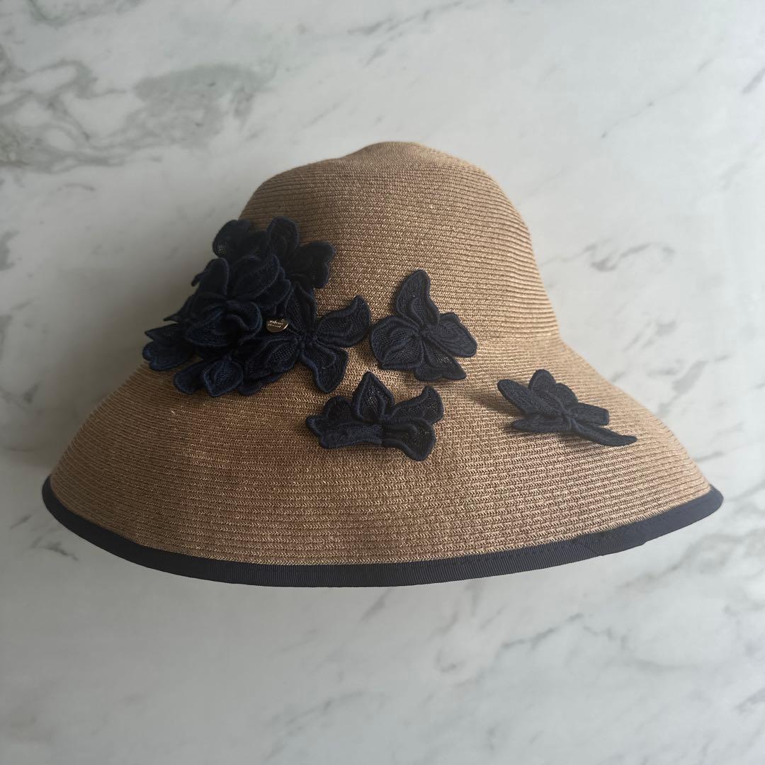 美品　アシーナニューヨーク　ハット　麦わら帽子　フラワーレース　紺