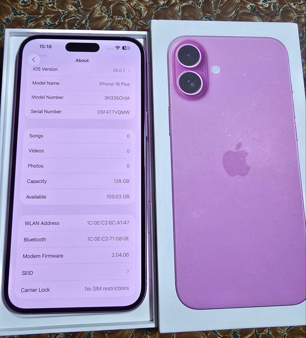 Apple iPhone 16 plusバッテリ容量100%SIMフリー