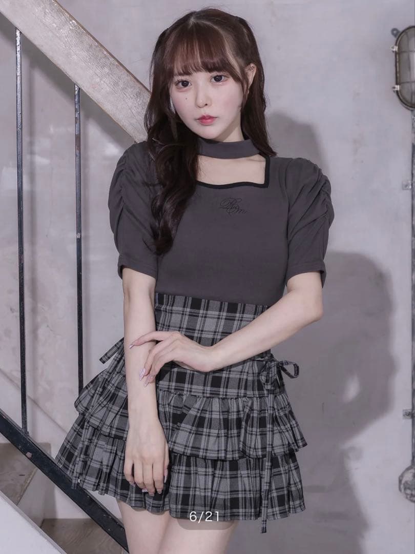 Pium サイドリボンティアードスカート　グレーチェック