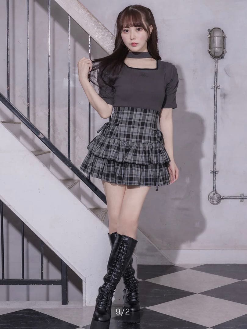 Pium サイドリボンティアードスカート　グレーチェック