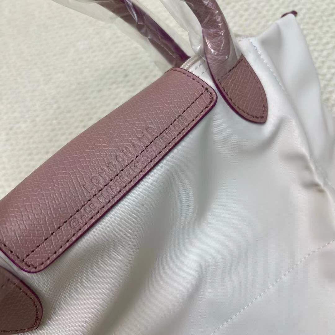 残①Longchamp エッフェル塔刺繍 ハンドバッグ S ホワイト/ピンク