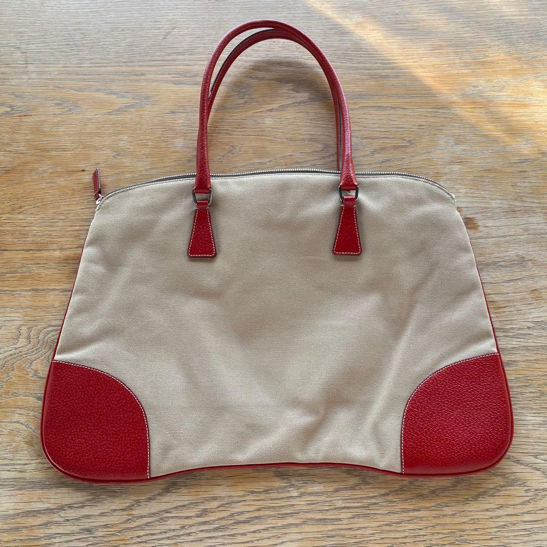 プラダ ベージュと赤 トートバッグ