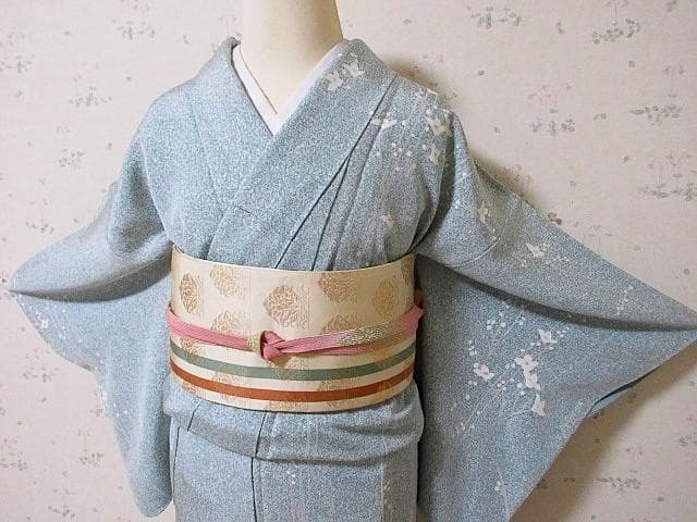 訪問着：白花と枝ライン：ミントグリーン蒔き糊染：11号小柄：シミ：袷正絹：P7