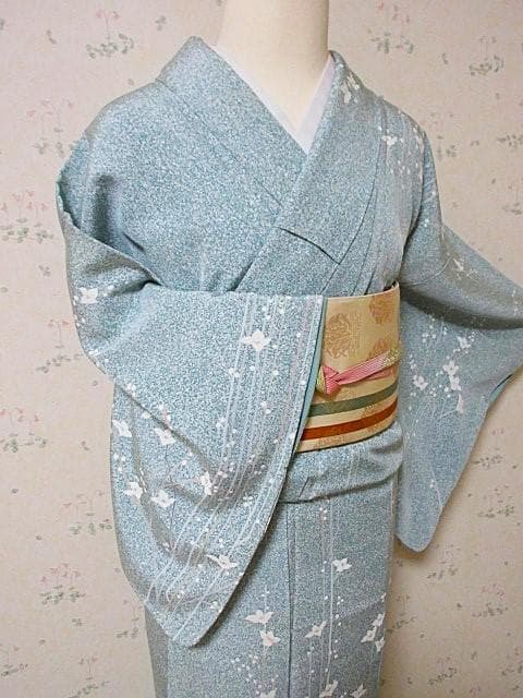 訪問着：白花と枝ライン：ミントグリーン蒔き糊染：11号小柄：シミ：袷正絹：P7