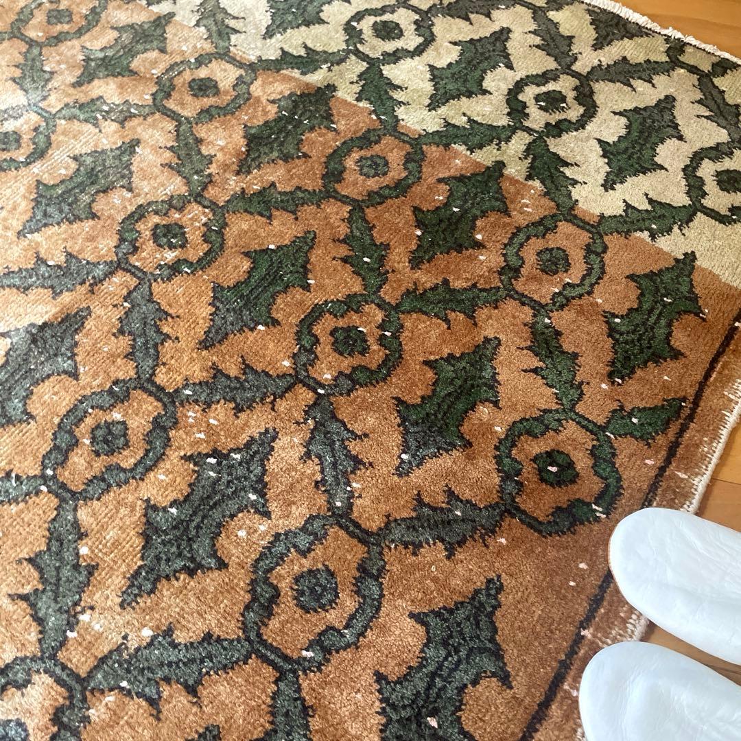 レア大判112×243 ボタニカル　ブラウン×グリーン　トルコヴィンテージラグ