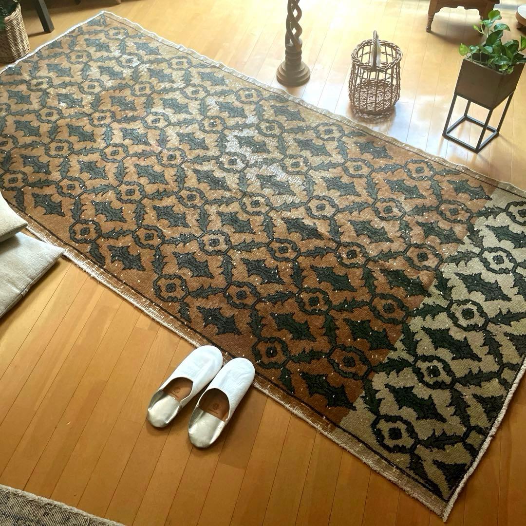 レア大判112×243 ボタニカル　ブラウン×グリーン　トルコヴィンテージラグ