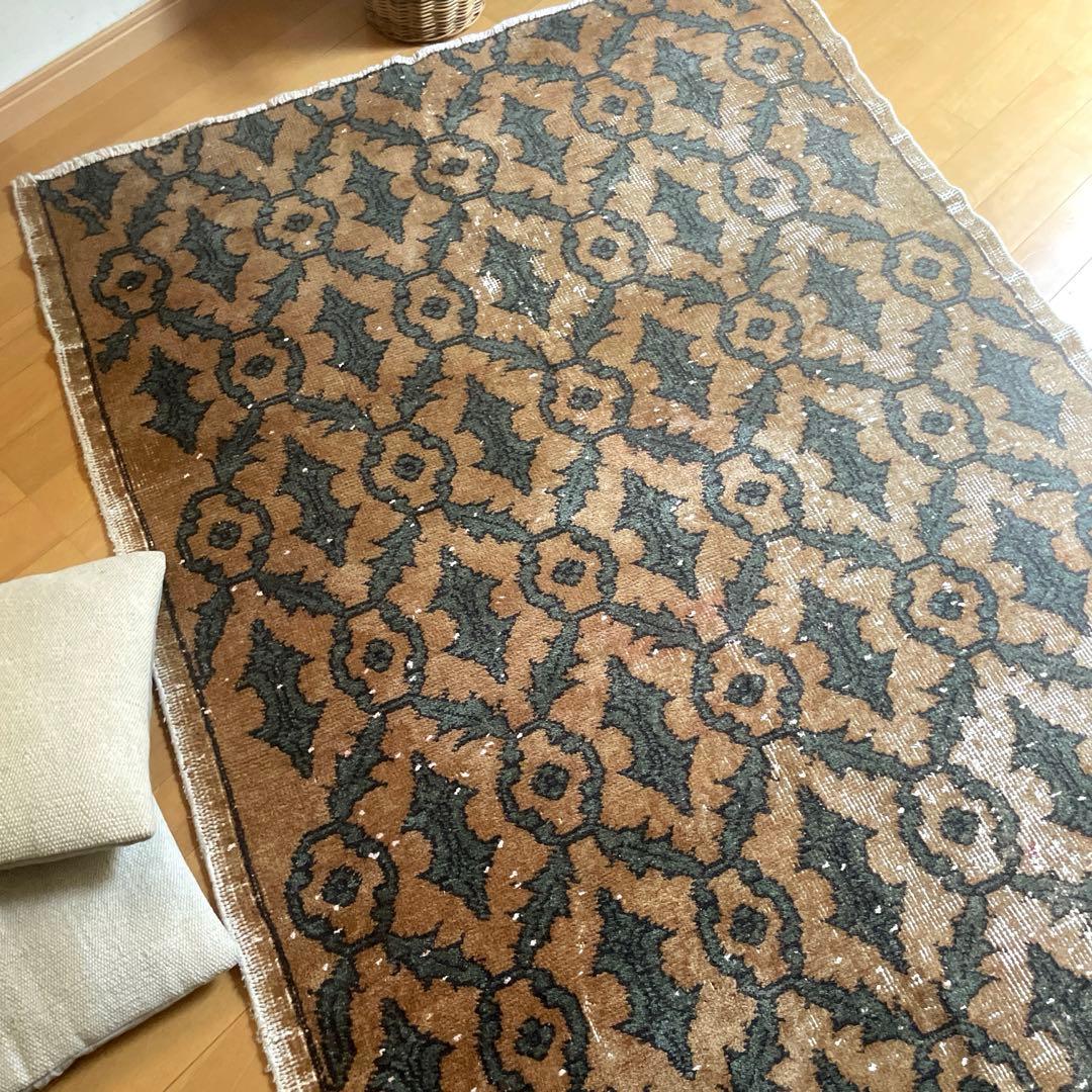レア大判112×243 ボタニカル　ブラウン×グリーン　トルコヴィンテージラグ