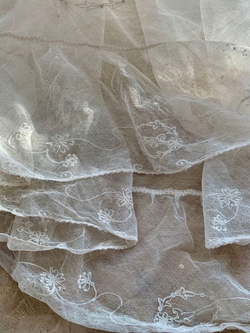 フランスアンティークコーネリー刺繍チュールレースロングカーテン※古色ホワイト