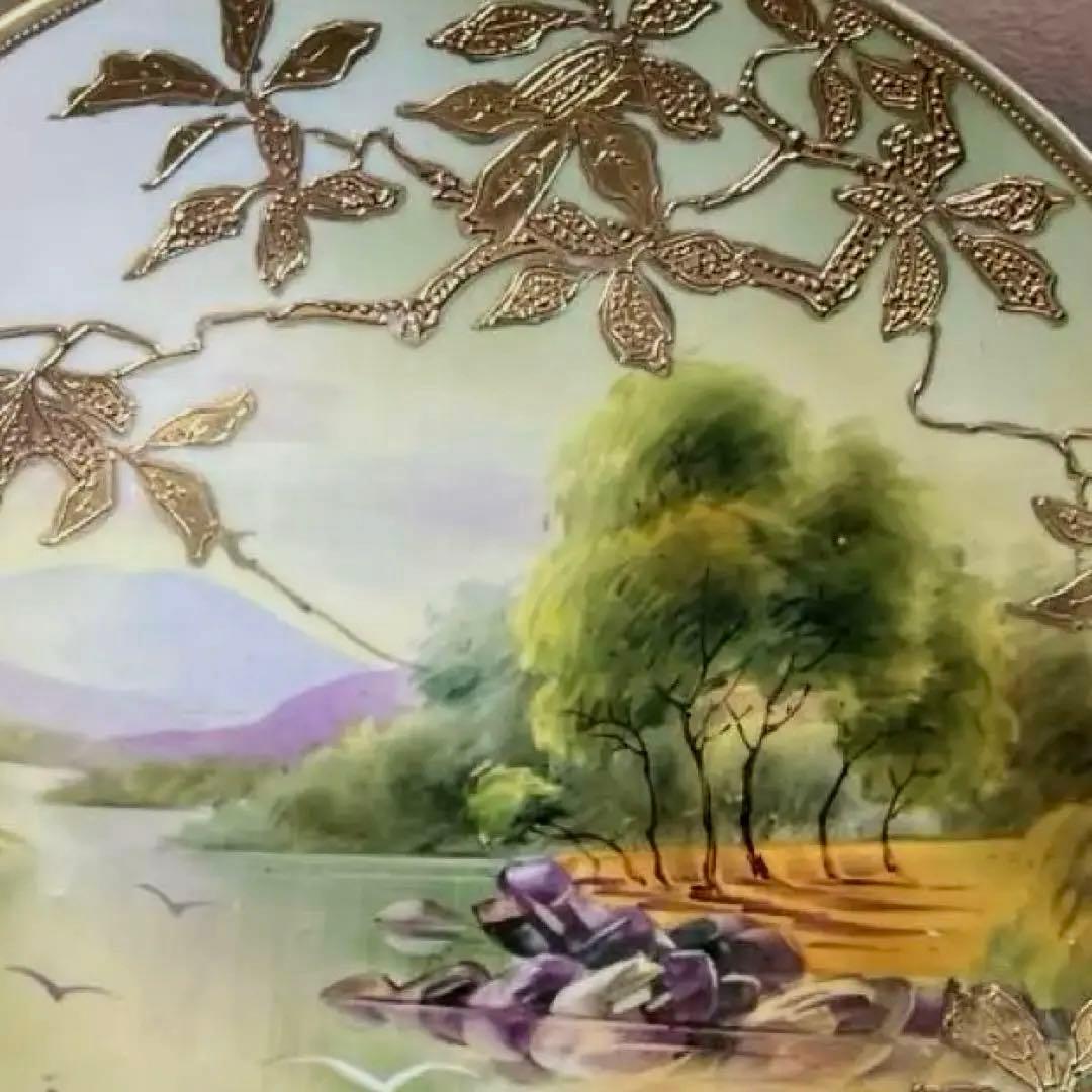 オールドノリタケ　飾り皿 金盛り　風景　メープルリーフ印　里帰り　骨董　明治