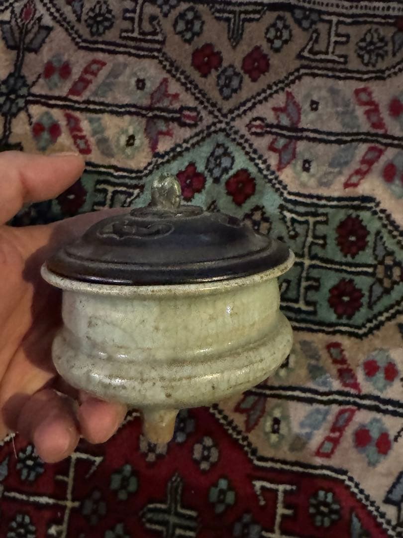 ‼️リサイクルFORT‼️中国の青磁香炉‼️緑石木蓋付