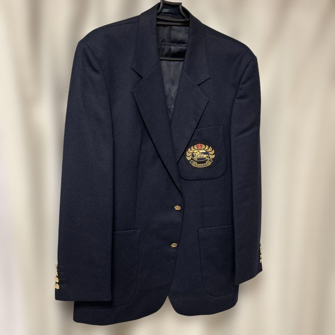 90s Burberryテーラードジャケット　エンブレム刺繍　金ボタン　紺ブレ