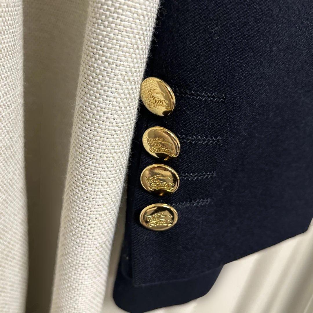 90s Burberryテーラードジャケット　エンブレム刺繍　金ボタン　紺ブレ