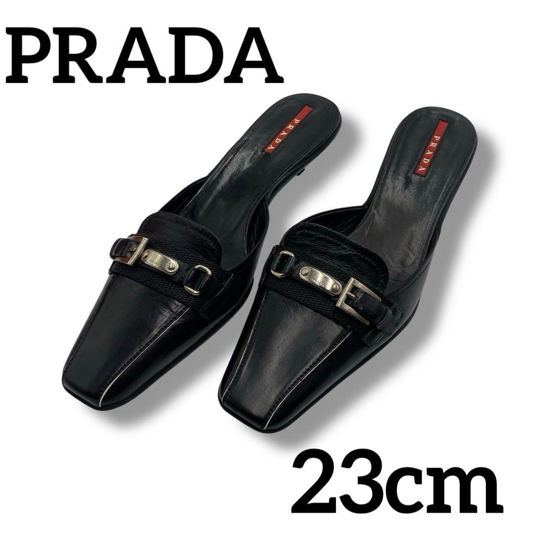 美品 PRADA ロゴ バックル レザー アーカイブ サンダル ミュール 36