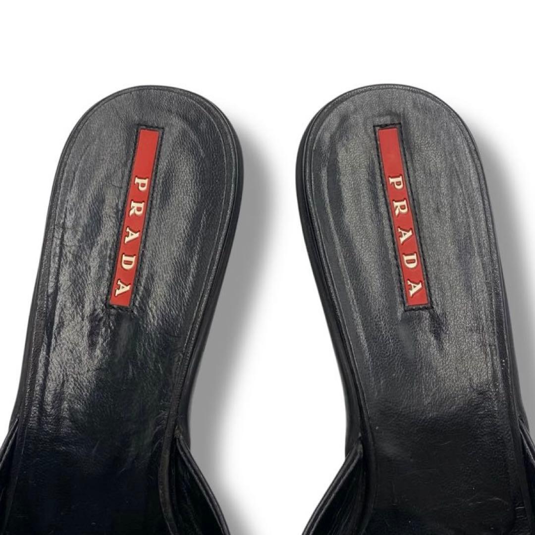 美品 PRADA ロゴ バックル レザー アーカイブ サンダル ミュール 36