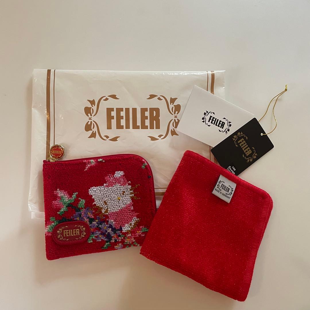 FEILER レッド ハンカチ＆ FEILER キティー ポーチ 袋付き