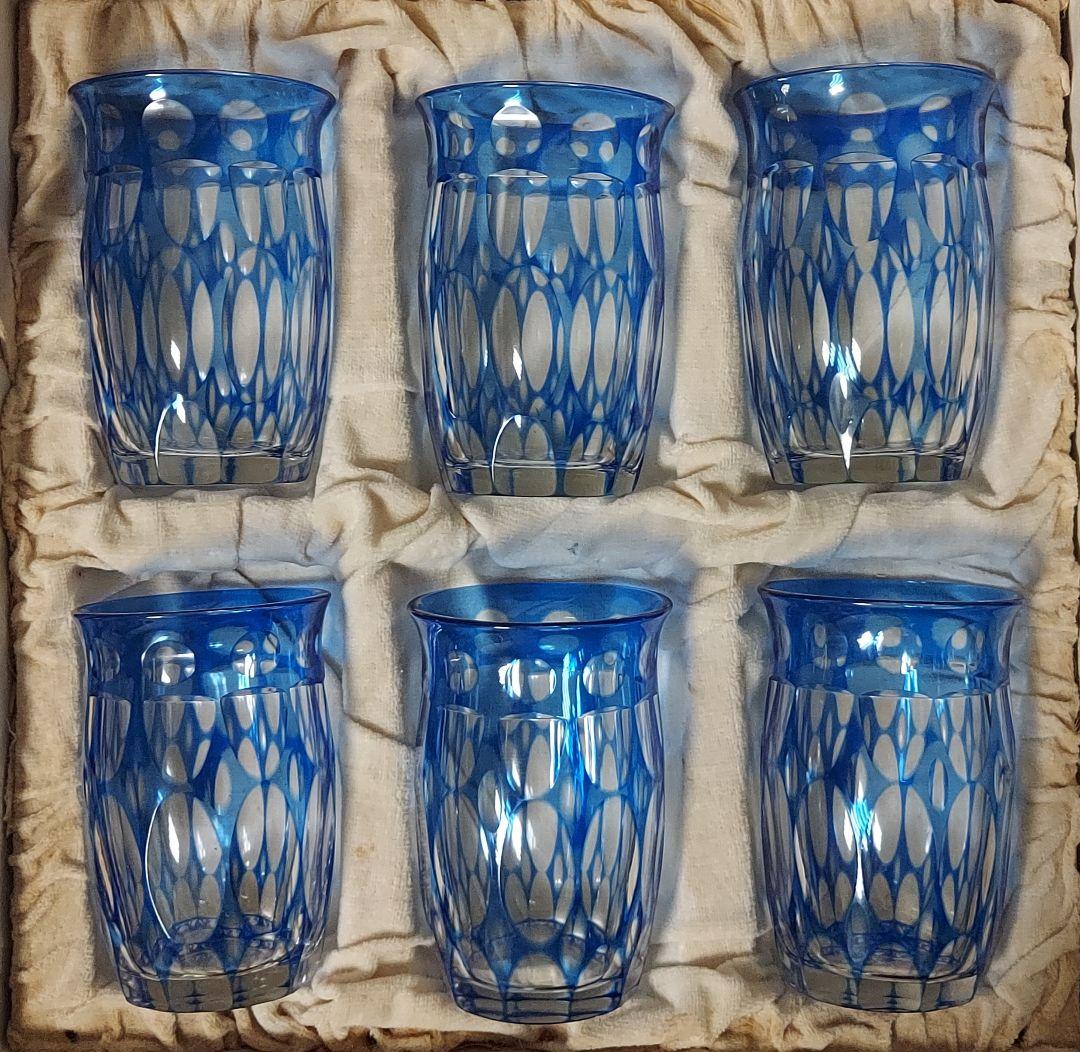 銀座松屋 江戸切子グラス 青被せ 箱入り レトロ