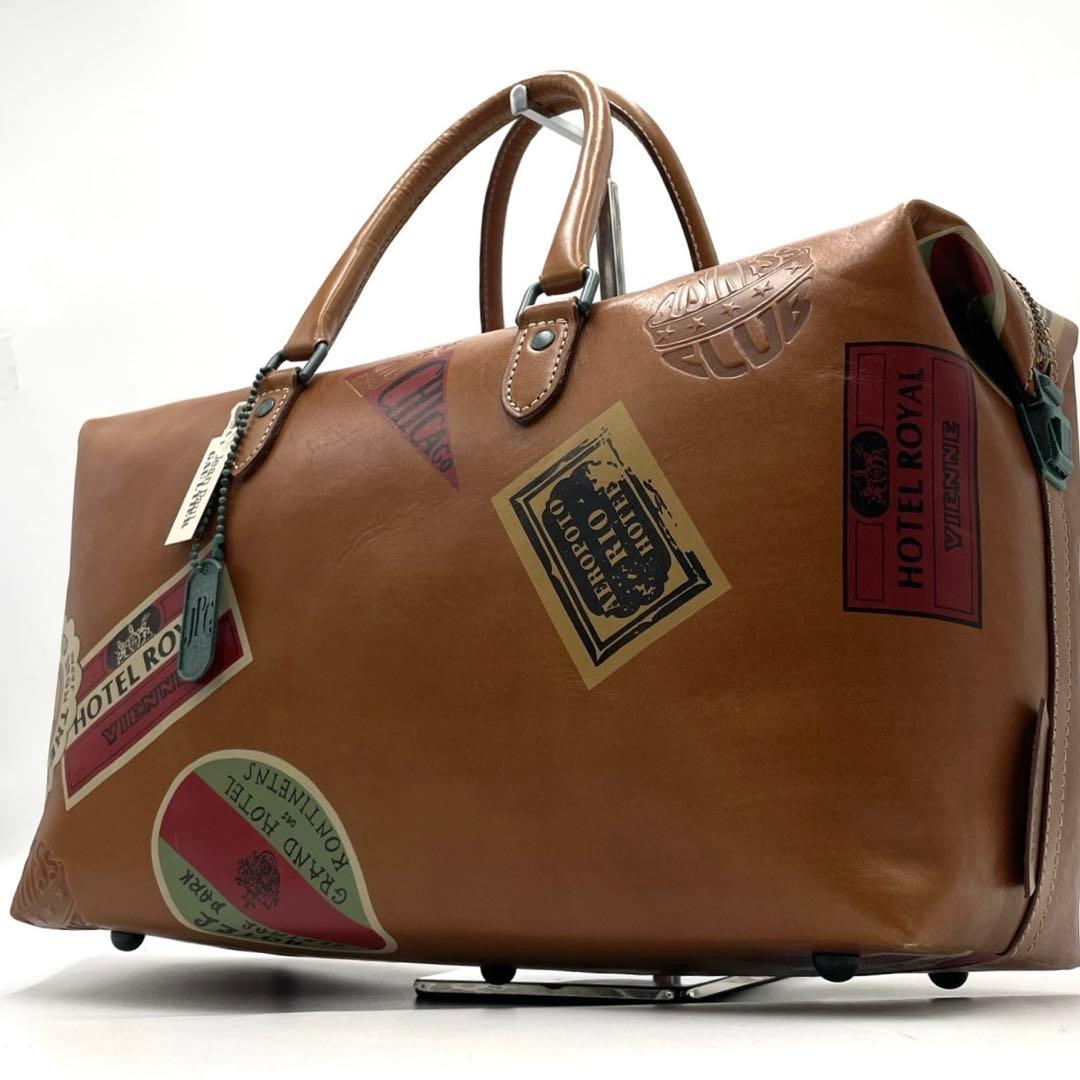 極美品● ジャンポールゴルチエ ボストンバッグ プリント ブラウン レザー