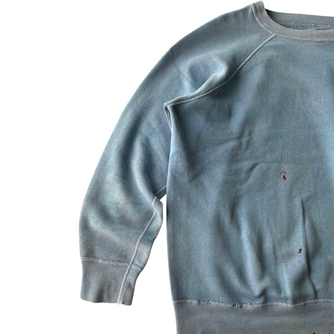 60s ヴィンテージ スウェット 無地 水色 ラグラン 4本針 XLフェード