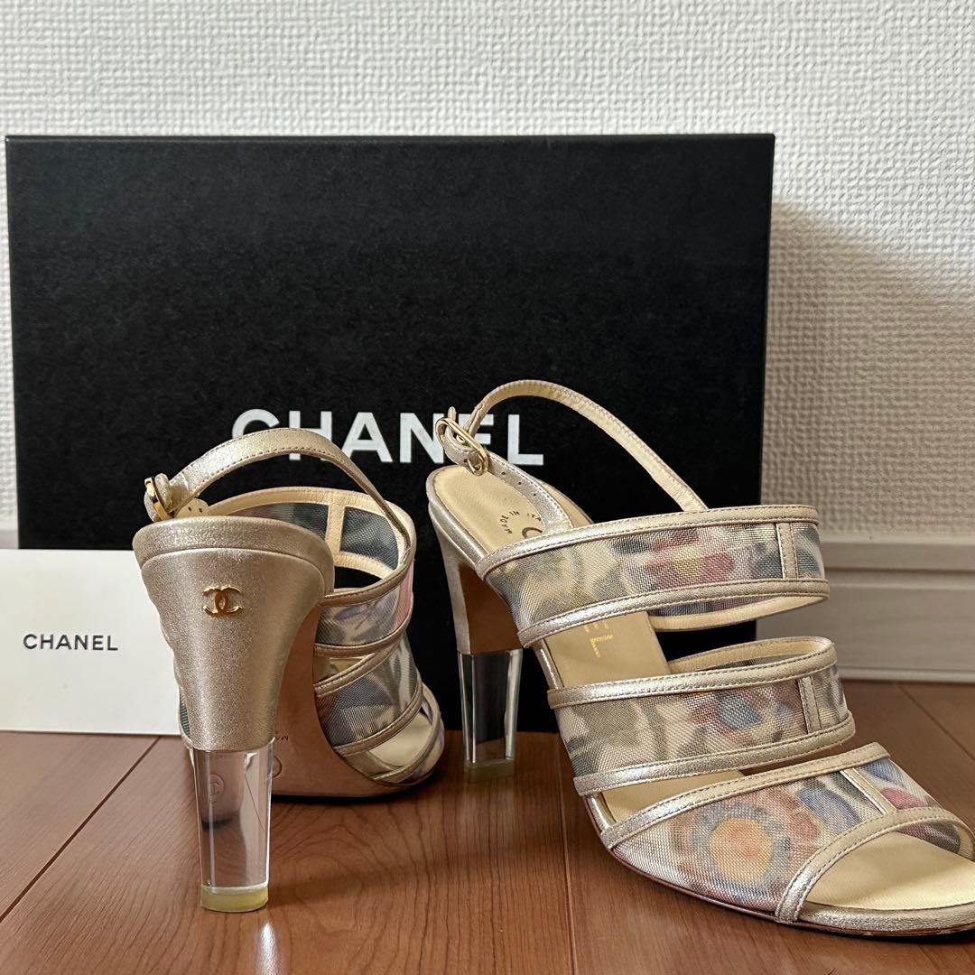 CHANEL 花柄メッシュサンダル 37.5C 24〜24.5㎝ ハイヒール