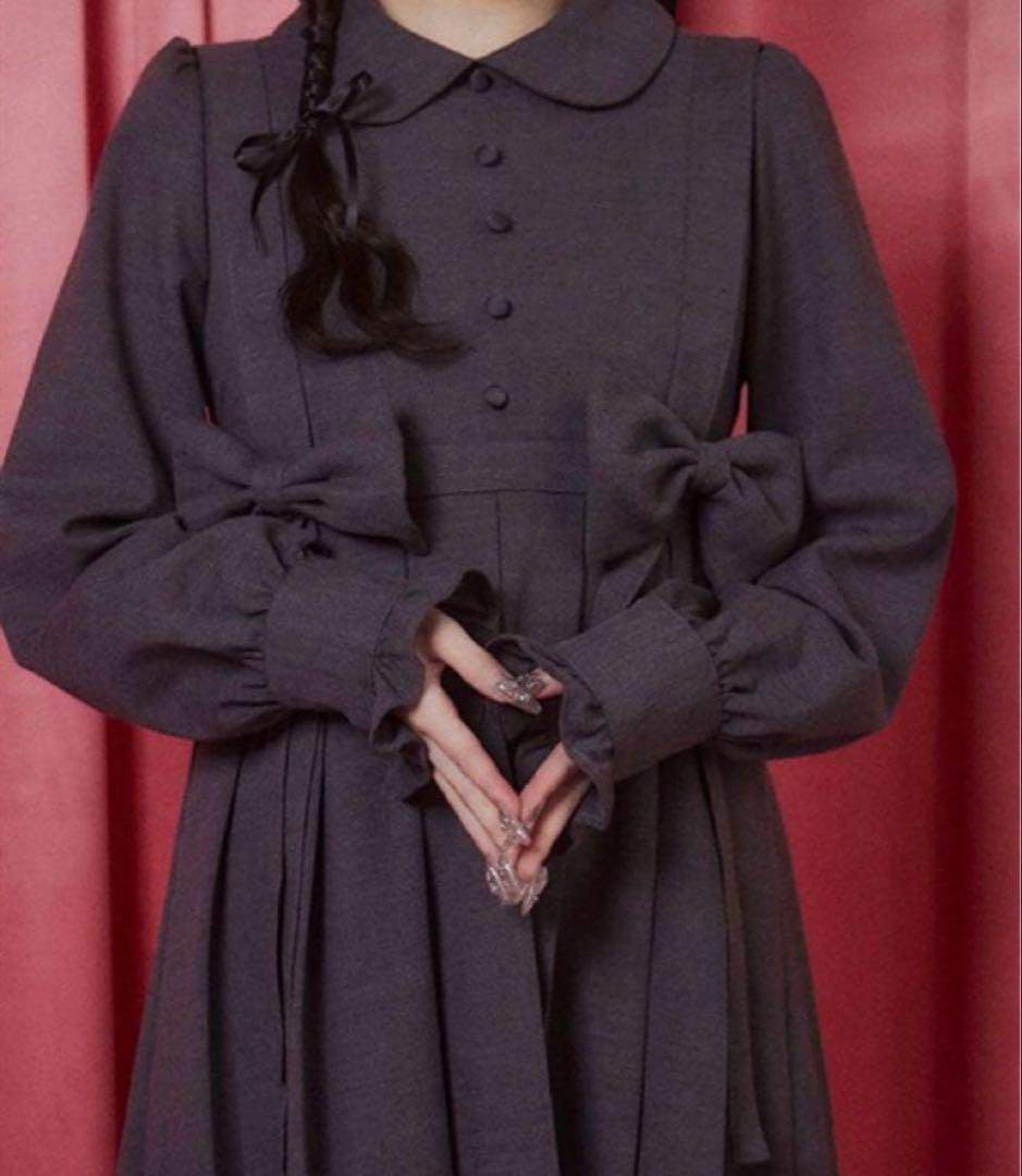 【Fickle Bebe】リボンプリーツワンピース グレー