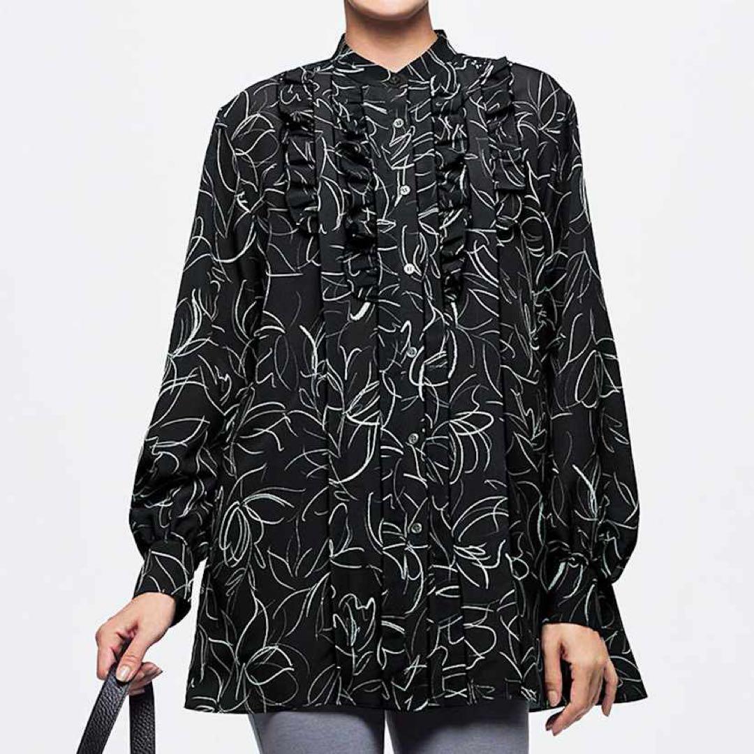 美品 ダーマコレクション 線画風フラワープリント フリル チュニック 洗える 黒