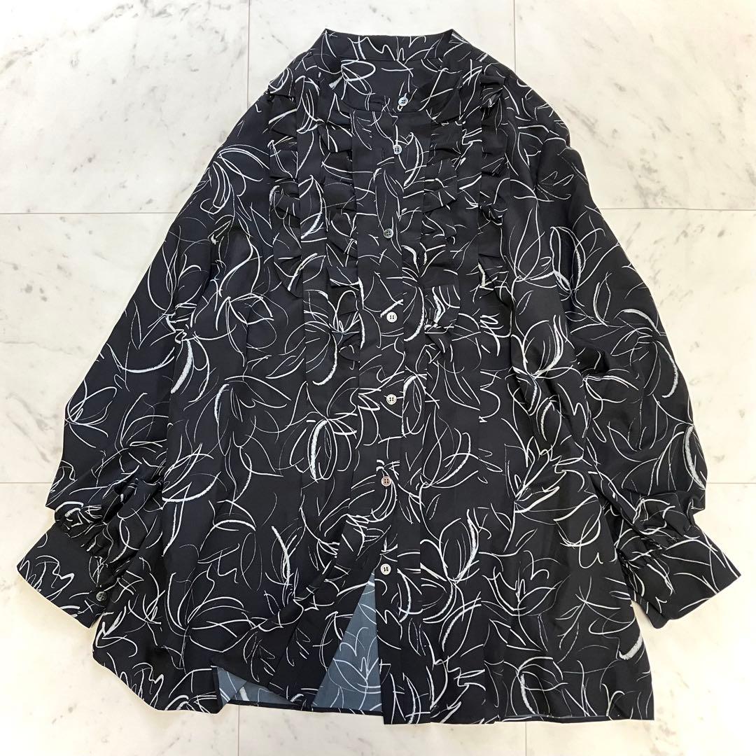 美品 ダーマコレクション 線画風フラワープリント フリル チュニック 洗える 黒