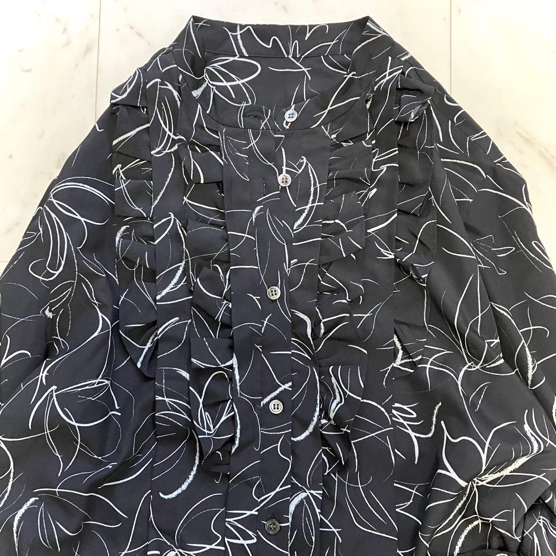 美品 ダーマコレクション 線画風フラワープリント フリル チュニック 洗える 黒