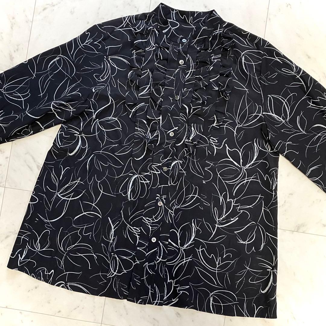 美品 ダーマコレクション 線画風フラワープリント フリル チュニック 洗える 黒