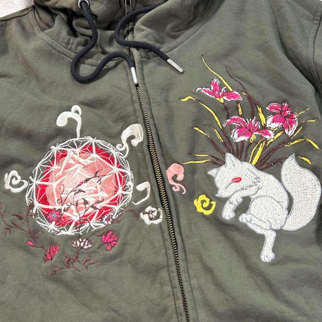 【KON-JAKU】首元フルジップパーカー　今昔　和柄　カーキ　XL