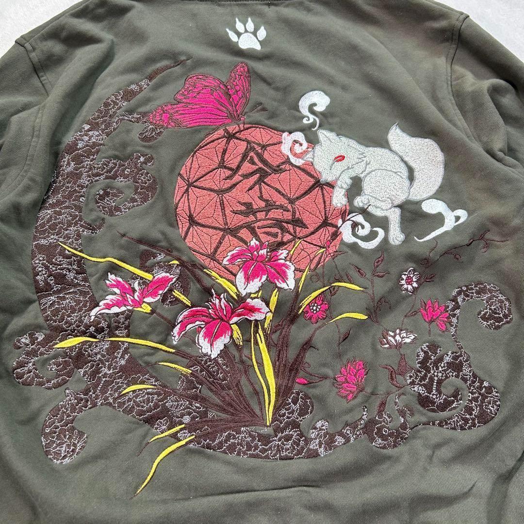 【KON-JAKU】首元フルジップパーカー　今昔　和柄　カーキ　XL