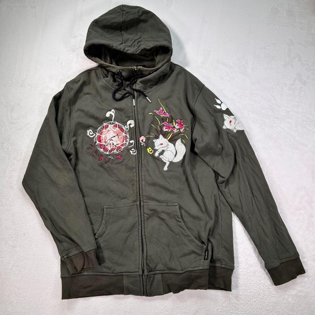 【KON-JAKU】首元フルジップパーカー　今昔　和柄　カーキ　XL