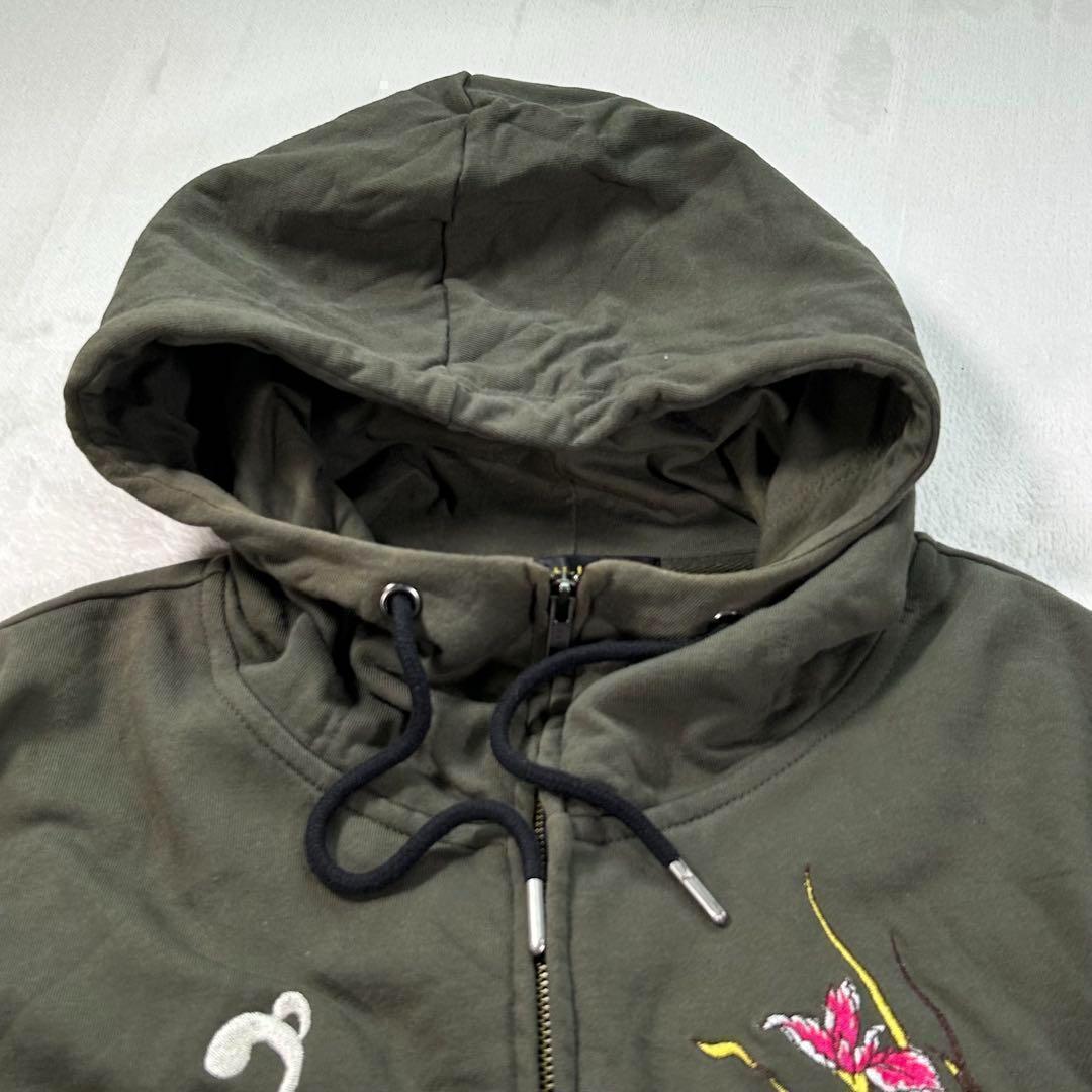 【KON-JAKU】首元フルジップパーカー　今昔　和柄　カーキ　XL