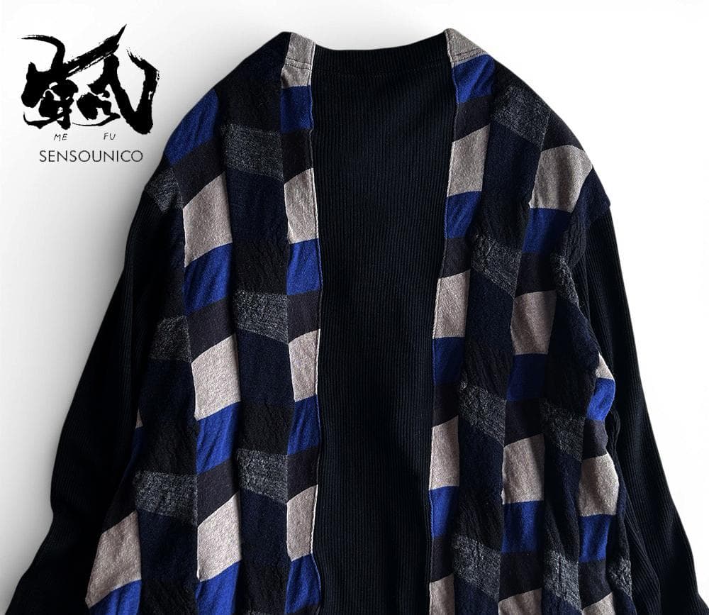 芽風/センソユニコ 異素材ドッキング 袖リブ 2WAY 立体ニットカーディガン