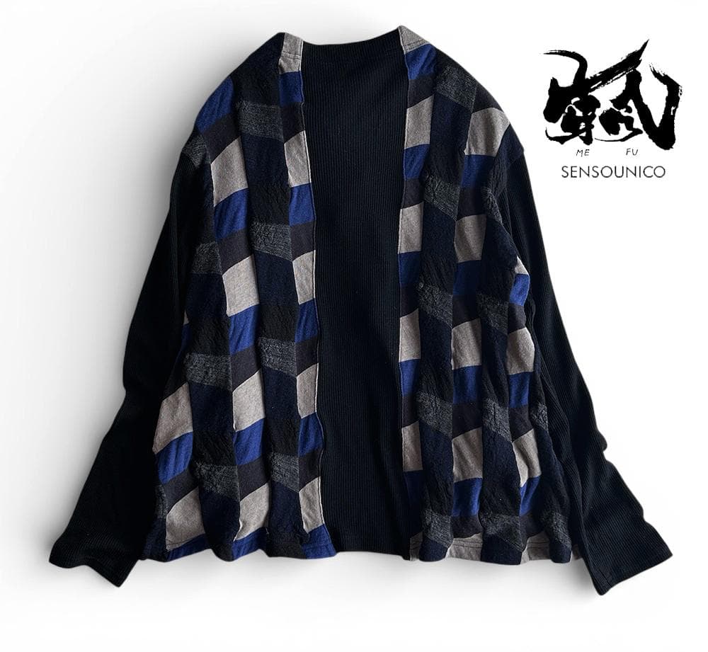 芽風/センソユニコ 異素材ドッキング 袖リブ 2WAY 立体ニットカーディガン