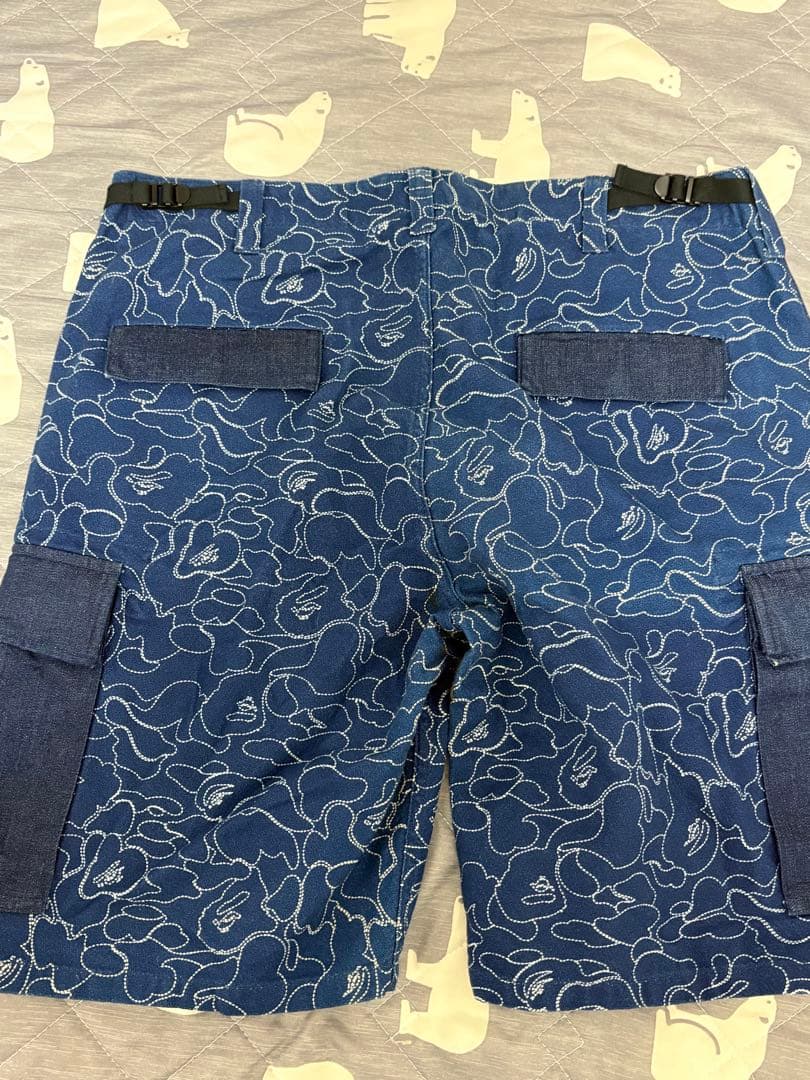激レアL！BAPE猿カモステッチ柄デニムショーツ