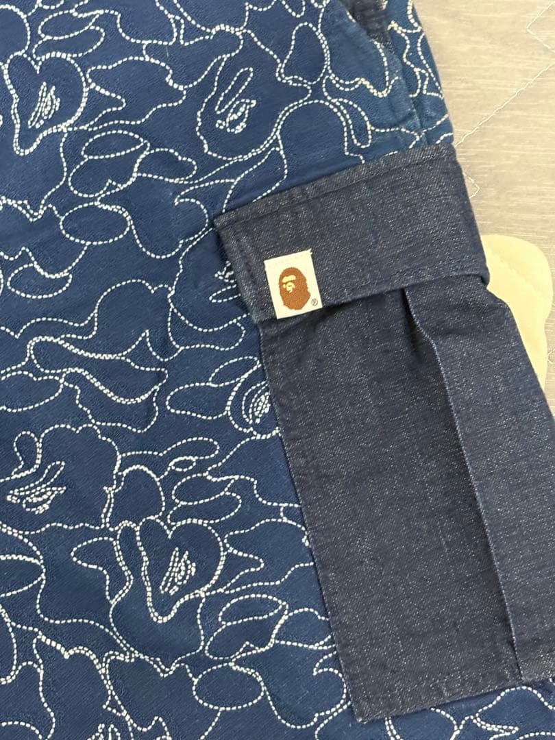 激レアL！BAPE猿カモステッチ柄デニムショーツ