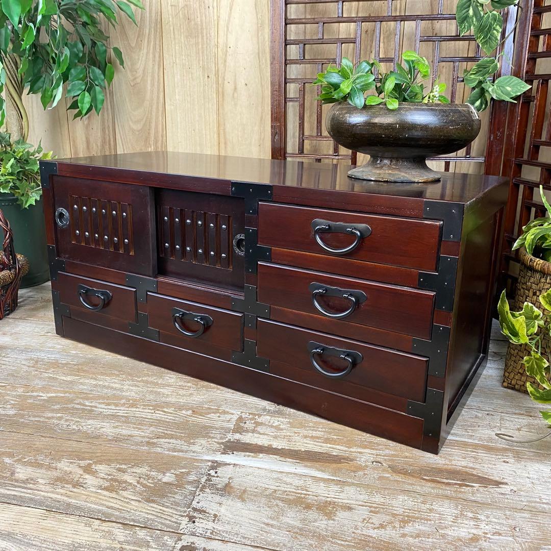 訳あり品！【139】民芸家具桐材天然無垢和引き戸付きチェスト横長テレビ台飾り棚