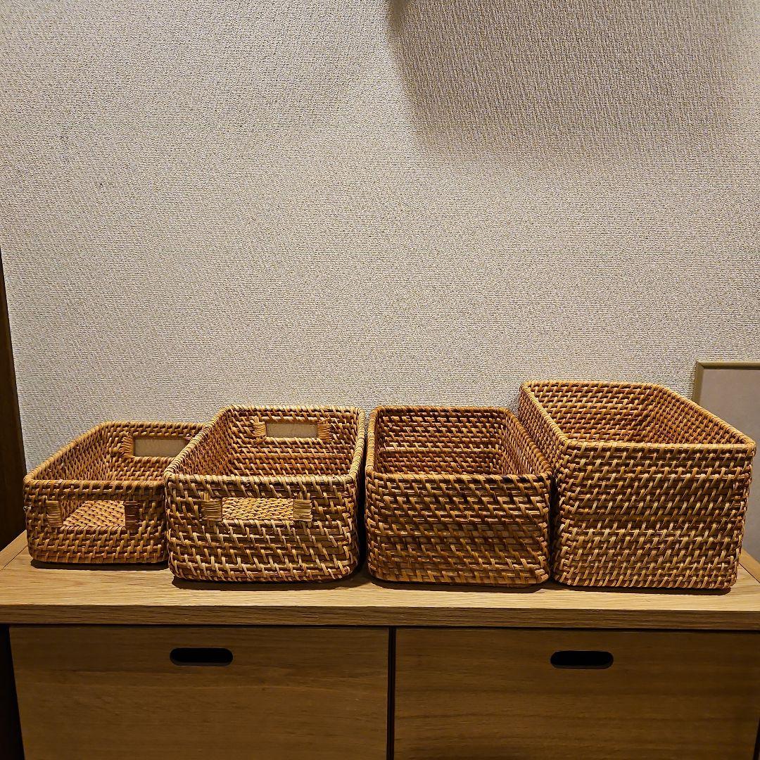 sara　無印重　なるラタン長方形バスケット 取っ手付きスタッカブル　7点