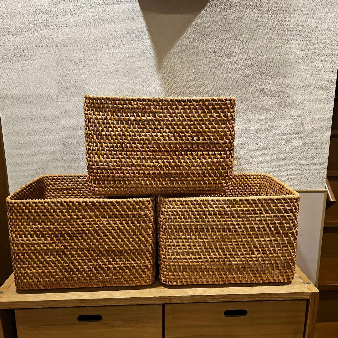sara　無印重　なるラタン長方形バスケット 取っ手付きスタッカブル　7点