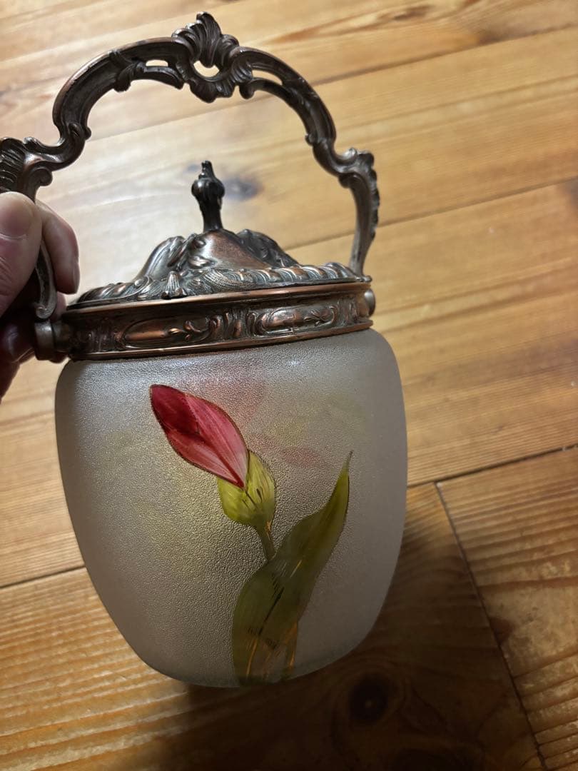 ※専用※ アンティーク フロストガラス チューリップ手描　ビスケットジャー