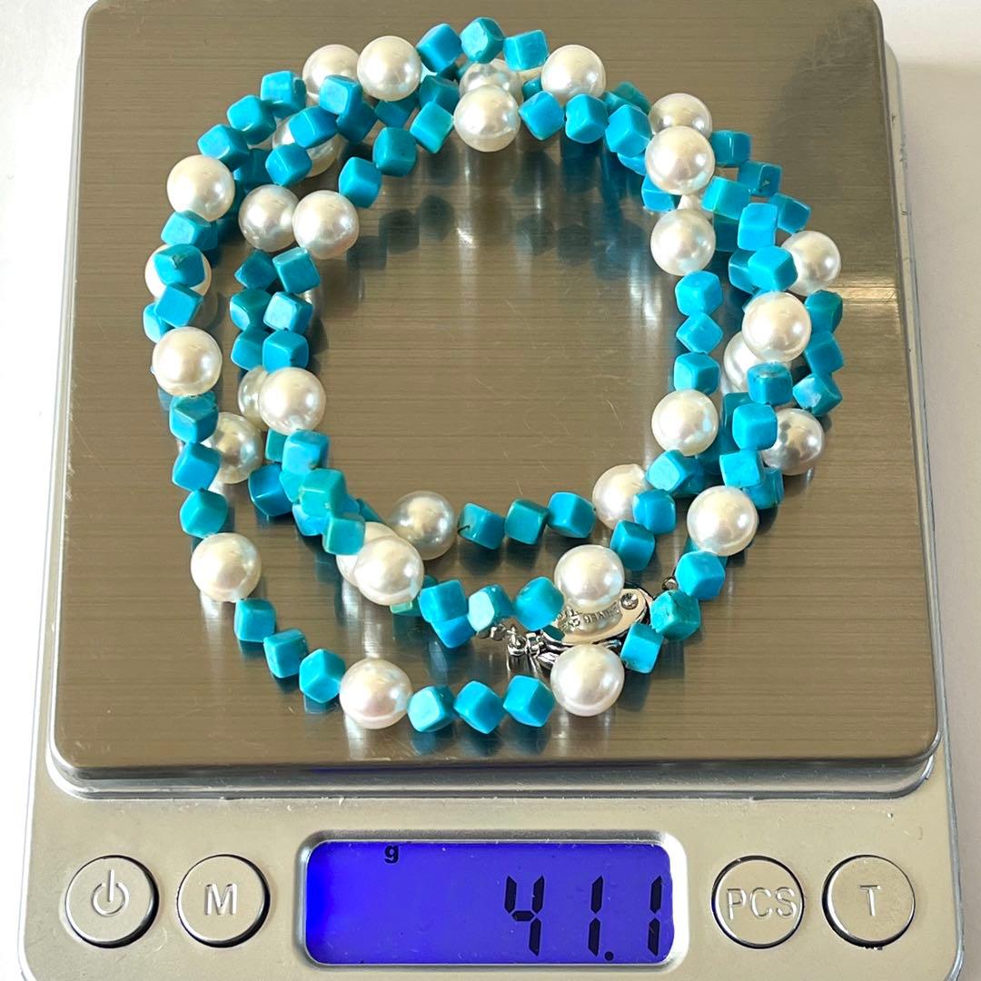 未使用級✨あこや真珠＆ターコイズ キューブカット ロングネックレス 2連可能