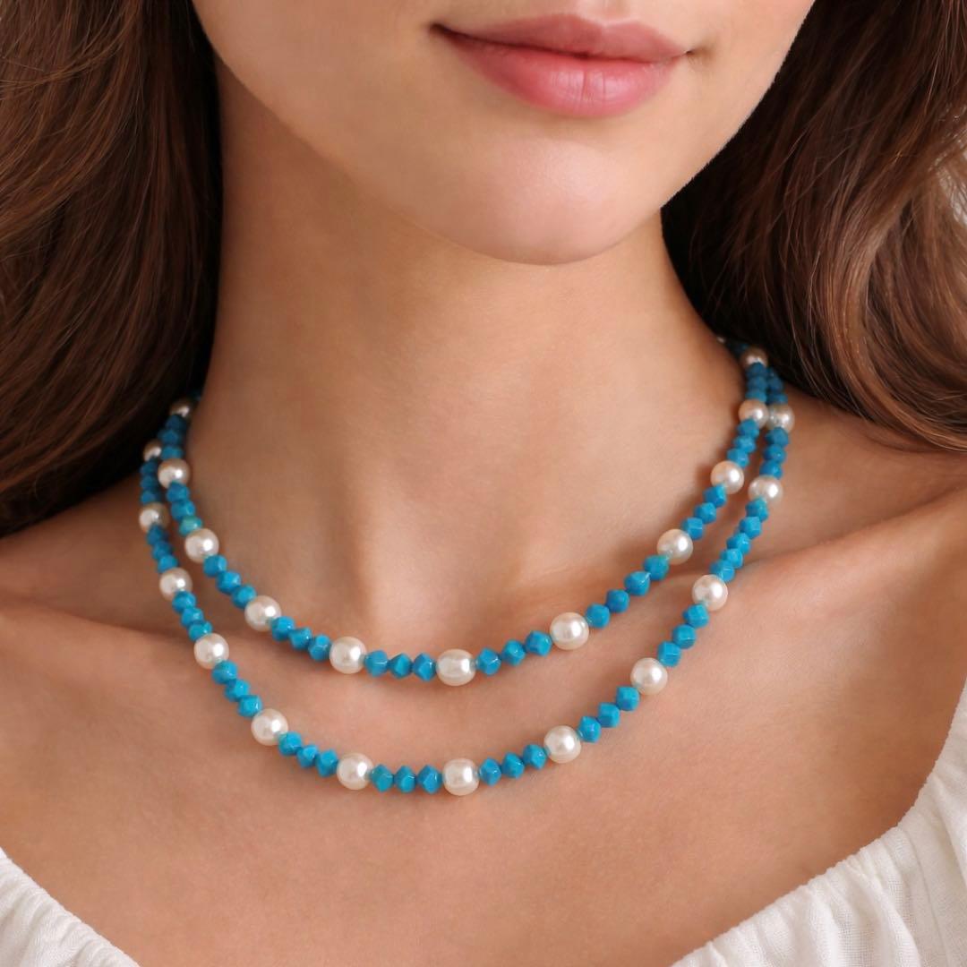 未使用級✨あこや真珠＆ターコイズ キューブカット ロングネックレス 2連可能
