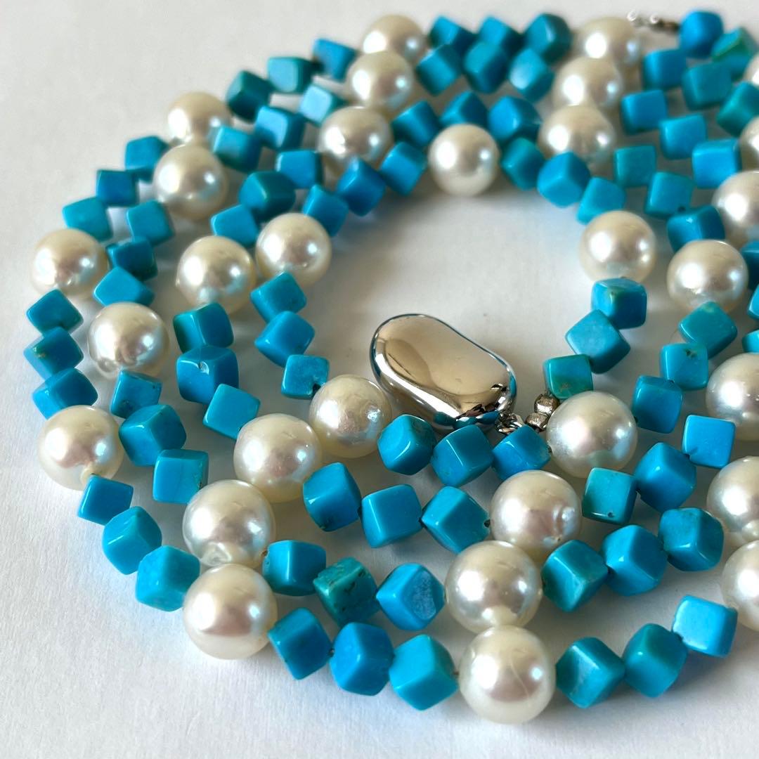 未使用級✨あこや真珠＆ターコイズ キューブカット ロングネックレス 2連可能