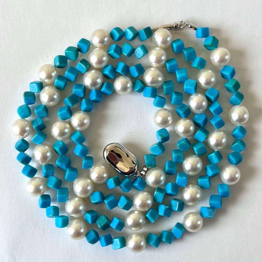 未使用級✨あこや真珠＆ターコイズ キューブカット ロングネックレス 2連可能